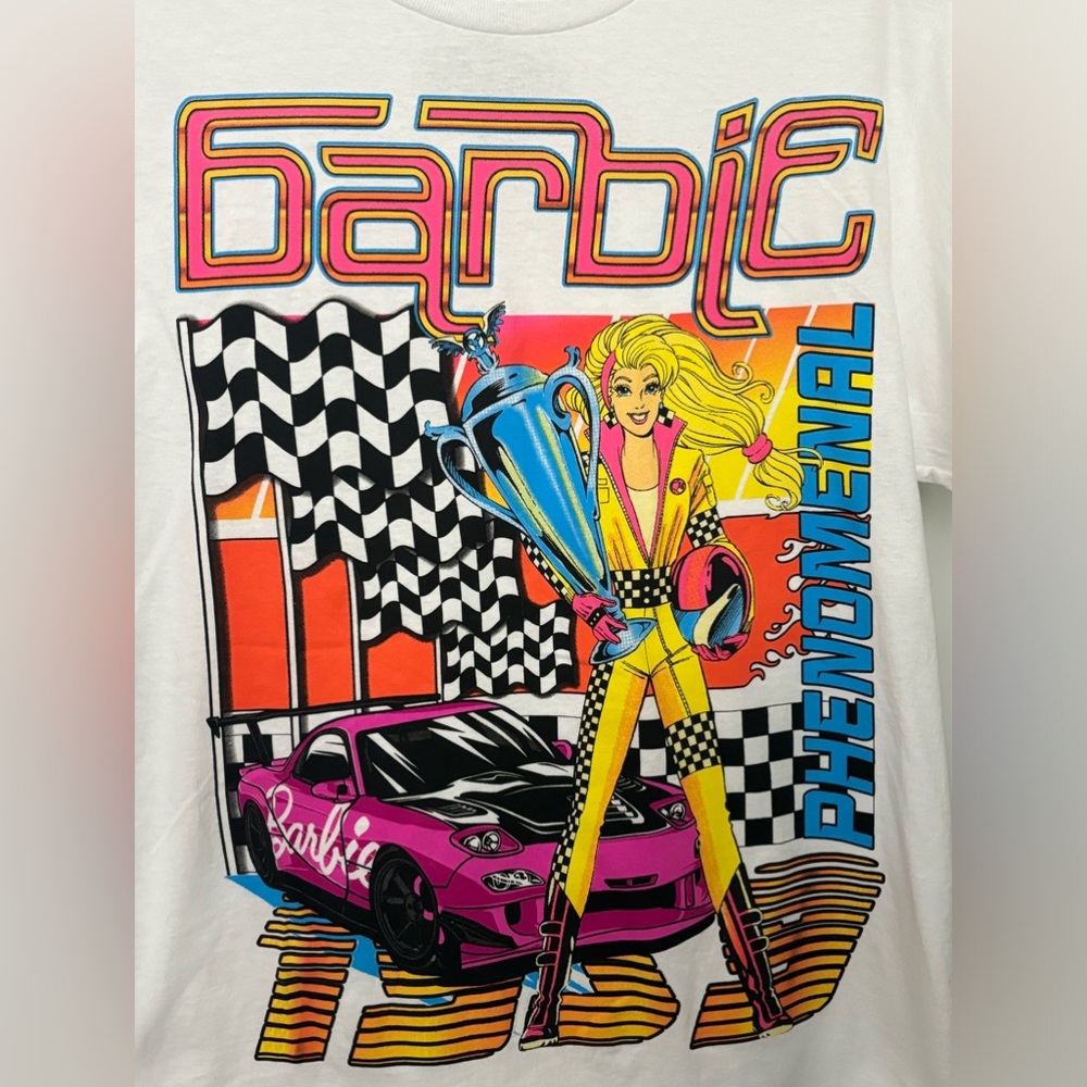 Barbie White Tee with Pink, Yellow, Blue, Black and Orange Graphic - Picture 2 of 3